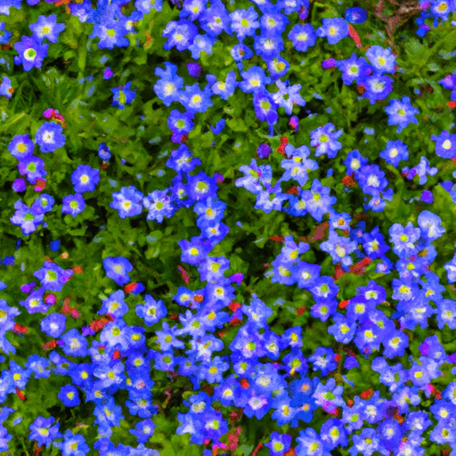 An image showcasing a vibrant patch of Lithodora flowers in full bloom, surrounded by dense evergreen foliage