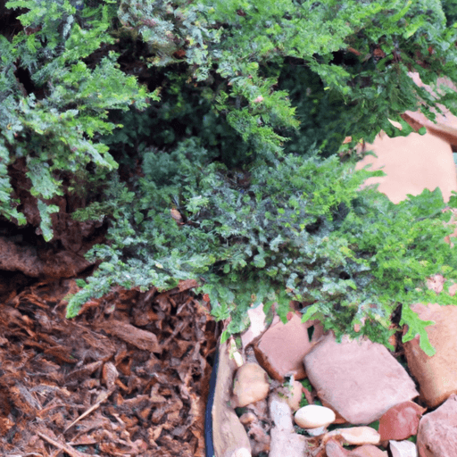 An image capturing the serene beauty of a well-maintained One-Seed Juniper, showcasing its vibrant green foliage and gnarled, twisted branches, surrounded by carefully placed decorative stones, evoking a sense of tranquility and success