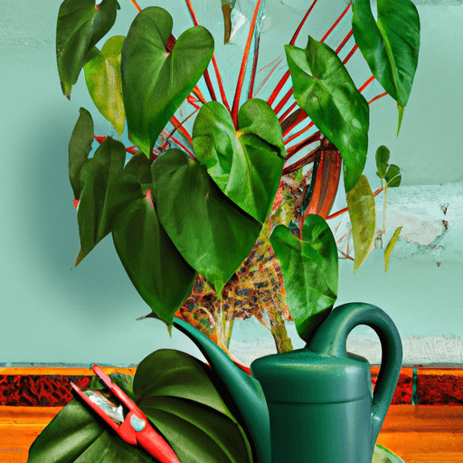 An image featuring a Philodendron Rugosum plant thriving in a well-lit room, with glossy, heart-shaped leaves cascading down a moss pole, surrounded by a collection of plant care tools such as pruning shears, fertilizer, and a watering can