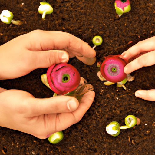 An image depicting a pair of hands delicately planting vibrant ranunculus bulbs in rich, well-drained soil, while showcasing the careful placement of each bulb and the gentle touch required for their successful growth