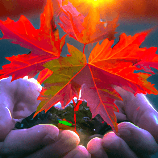 An image showcasing a pair of hands gently cradling a vibrant Red Sunset Maple sapling, with the sun's rays softly illuminating its fiery autumn foliage, while droplets of water glisten on its emerald leaves
