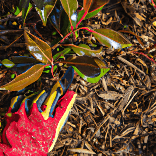 An image showcasing a lush red tip photinia plant thriving under dappled sunlight, surrounded by well-mulched soil
