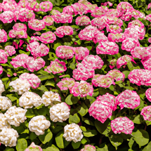 An image showcasing a lush garden bed with rows of Strawberry Sundae Hydrangeas in full bloom