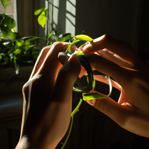 An image showcasing a pair of hands delicately nurturing a vibrant Never Never Plant, adorned with luscious green leaves and intricate, winding tendrils, against a backdrop of sunlight streaming through a window