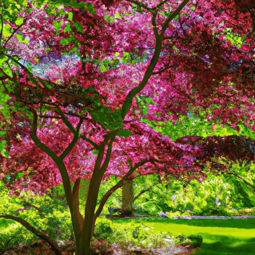 An image showcasing a vibrant Tricolor Beech tree in full bloom, surrounded by a well-maintained garden