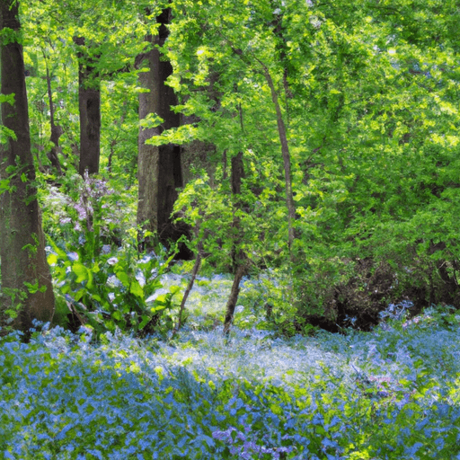 An image showcasing a lush woodland garden bathed in dappled sunlight, where delicate Virginia Bluebells thrive under the shade of towering deciduous trees, their vibrant blue blossoms carpeting the forest floor