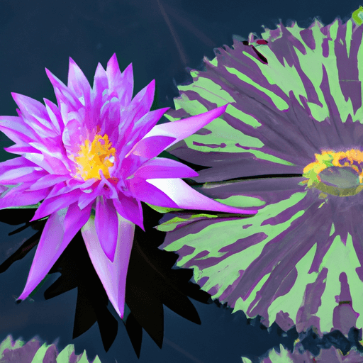 An image showcasing a serene pond, adorned with vibrant water lilies and lotus flowers in various stages of growth
