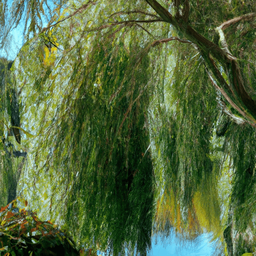 An image showcasing the majestic presence of a mature weeping willow tree, its graceful, cascading branches swaying in a gentle breeze, framing a tranquil pond with its reflective waters mirroring the tree's beauty
