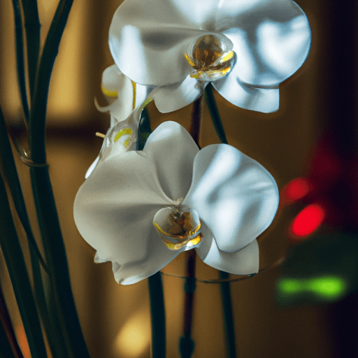 An image showcasing a pair of delicate White Egret Orchids flourishing in a sunlit room