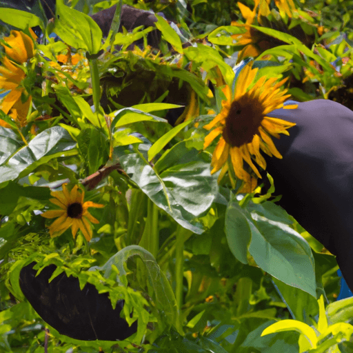 An image of a lush garden bed filled with towering black oil sunflowers, their vibrant yellow petals contrasting against the deep green foliage