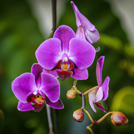the vibrant elegance of blooming orchids against a backdrop of lush green foliage