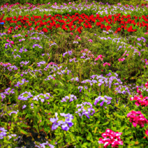 An image depicting a lush garden bed filled with vibrant, sun-kissed verbena plants