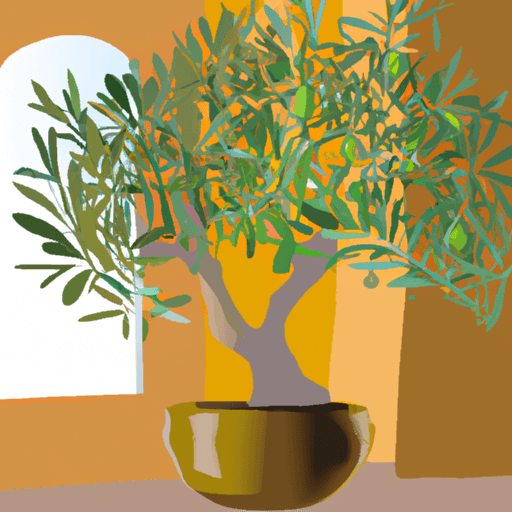 An image depicting a sunlit room with a tall, healthy olive tree placed near a south-facing window