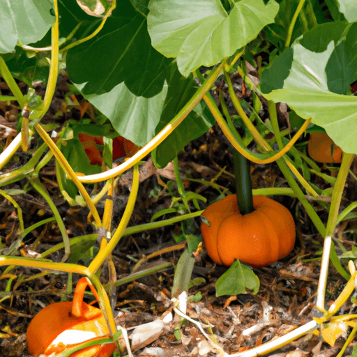An image showcasing a vibrant, lush garden bed with neatly arranged rows of Pumpkin on a Stick plants