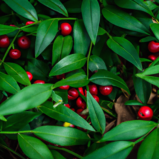 An image showcasing the lush, deep green leaves of Ruscus, thriving under the shade of towering trees