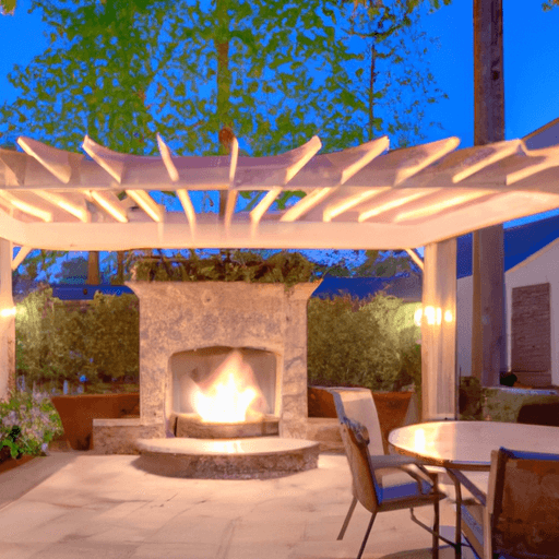 An image that showcases a stunning outdoor space: a spacious patio with a sleek fire pit surrounded by elegantly arranged stone pavers, complemented by a pergola adorned with climbing vines and twinkling string lights