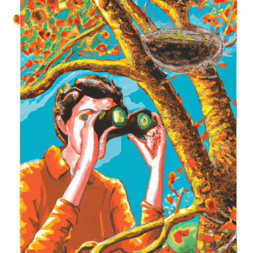 An image of a skilled birder wearing binoculars, carefully observing a hidden bird's nest nestled in a tree branch