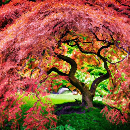 An image showcasing the vibrant Inaba Shidare Japanese Maple tree, with its delicate, cascading branches adorned in rich crimson leaves