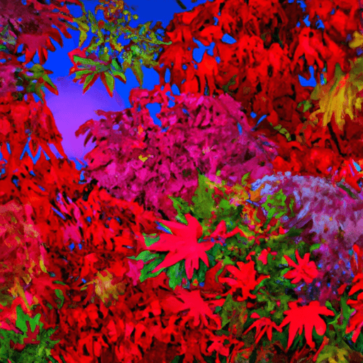 An image showcasing a vibrant tapestry of Japanese maple varieties, contrasting the deep burgundy leaves of the Bloodgood, the delicate pink hues of the Coral Bark, and the fiery orange foliage of the Autumn Moon
