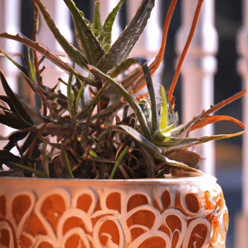 An image of a vibrant Lace Aloe plant basking in soft morning sunlight, showcasing its delicate, lance-shaped leaves with intricate white lace-like patterns, perfectly complemented by a modern terracotta pot