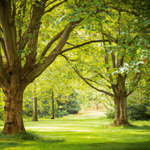 An image capturing the serene ambiance of a lush garden adorned with majestic Linden trees, their vibrant green leaves gently swaying in the breeze, while sunlight filters through the branches, casting enchanting shadows on the ground