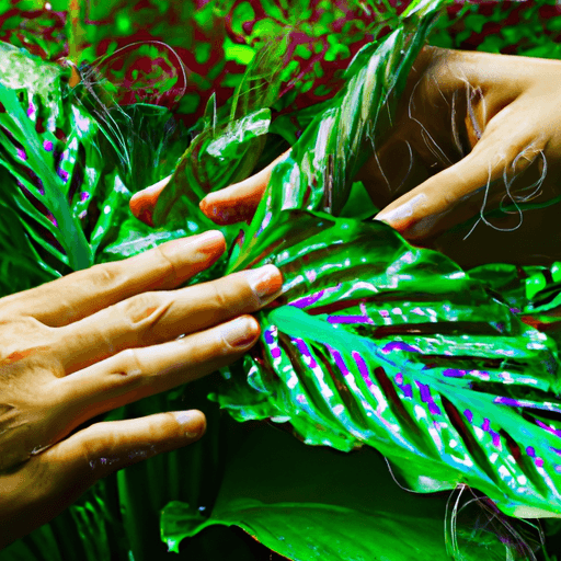 An image of a pair of hands gently misting a vibrant Calathea Musaica plant, surrounded by a lush tropical backdrop of ferns, displaying the intricate mosaic-like patterns on the leaves