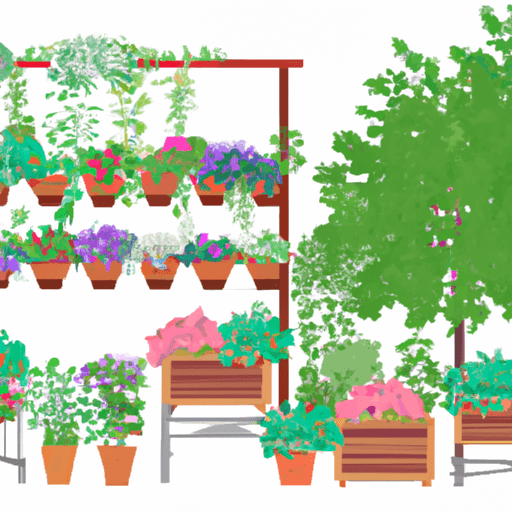 An image showcasing a lush rooftop garden, overflowing with vibrant vertical planters, hanging baskets, and trellises adorned with blooming flowers and thriving herbs, exemplifying the art of maximizing garden space
