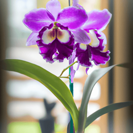 An image showcasing a vibrant Miltonia Orchid in a sunlit room, adorned with lush green leaves and delicate, fragrant blooms