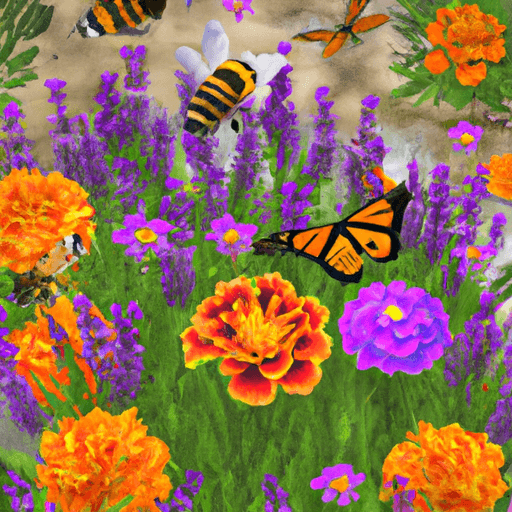 An image showcasing a vibrant garden bursting with colorful marigolds, lavender, and rosemary plants, surrounded by buzzing bees and fluttering butterflies