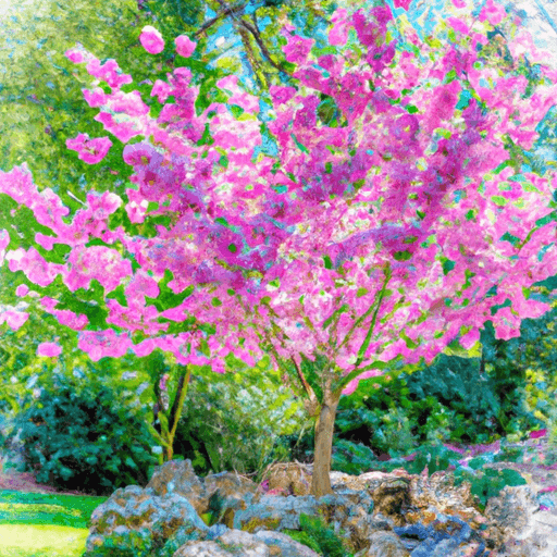 An image showcasing a majestic Japanese flowering cherry tree in full bloom, with delicate pink petals cascading down, surrounded by a tranquil garden filled with lush greenery, serene water features, and the soft glow of sunlight filtering through the branches