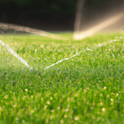 An image depicting a lush, green lawn with a sprinkler system set to water at sunrise