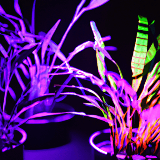 An image showcasing lush, thriving plants under different light spectrums