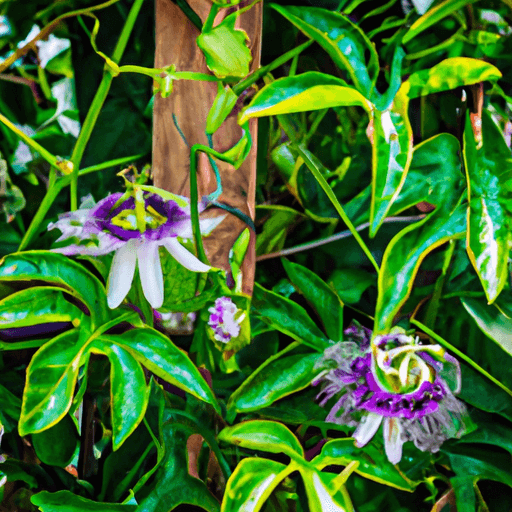 An image showcasing a vibrant passionflower vine elegantly climbing a trellis, its intricate purple and white blossoms blooming profusely amidst lush green foliage