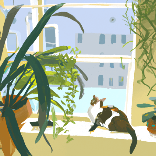 An image showcasing a cozy living room filled with vibrant greenery, featuring a variety of pet-friendly palms and lush foliage