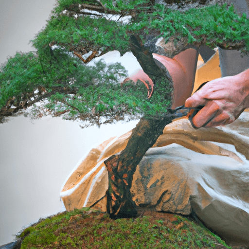 An image featuring a pair of skilled hands gently pruning a vibrant pine bonsai tree, showcasing the meticulous shaping and attention to detail required for successful growth