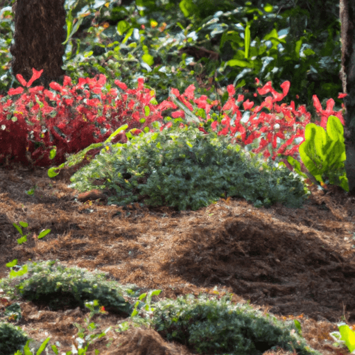 An image showcasing a lush garden bed covered in a thick layer of rich, reddish-brown pine straw mulch, with sunlight filtering through the trees, highlighting the vibrant green plants thriving in its sustainable embrace