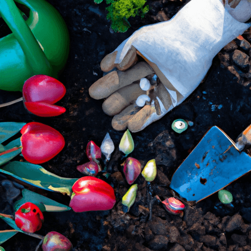 An image showcasing a pair of gloved hands gently placing vibrant tulip bulbs into rich, dark soil