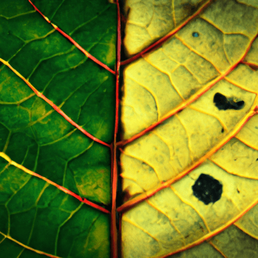 An image featuring a close-up of a healthy leaf with vibrant, green coloration, juxtaposed against a leaf covered in unsightly brown spots