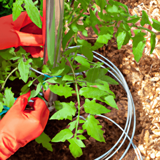 An image showcasing a lush tomato plant surrounded by a circular barrier of copper tape, with vibrant healthy foliage, a clean soil surface, and a vigilant gardener wearing gloves and using sterilized pruners