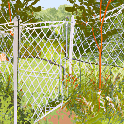 An image showcasing a lush garden surrounded by a sturdy fence made of sturdy wire mesh, equipped with tightly spaced wooden stakes and an arched gate, effectively safeguarding against mischievous rabbits