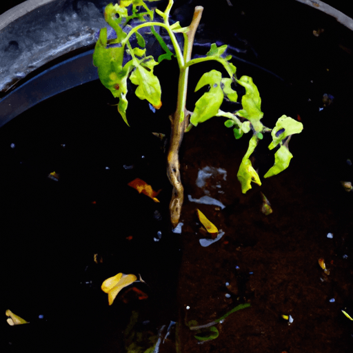 An image of a wilted tomato plant in a waterlogged pot, surrounded by puddles