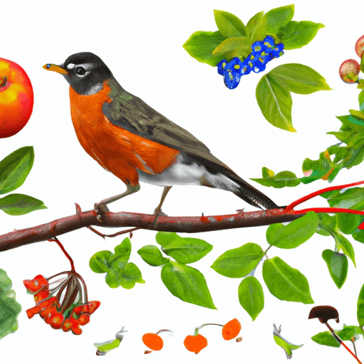 An image showcasing a robin perched on a lush tree branch, surrounded by a vibrant array of fruits, insects, worms, and berries