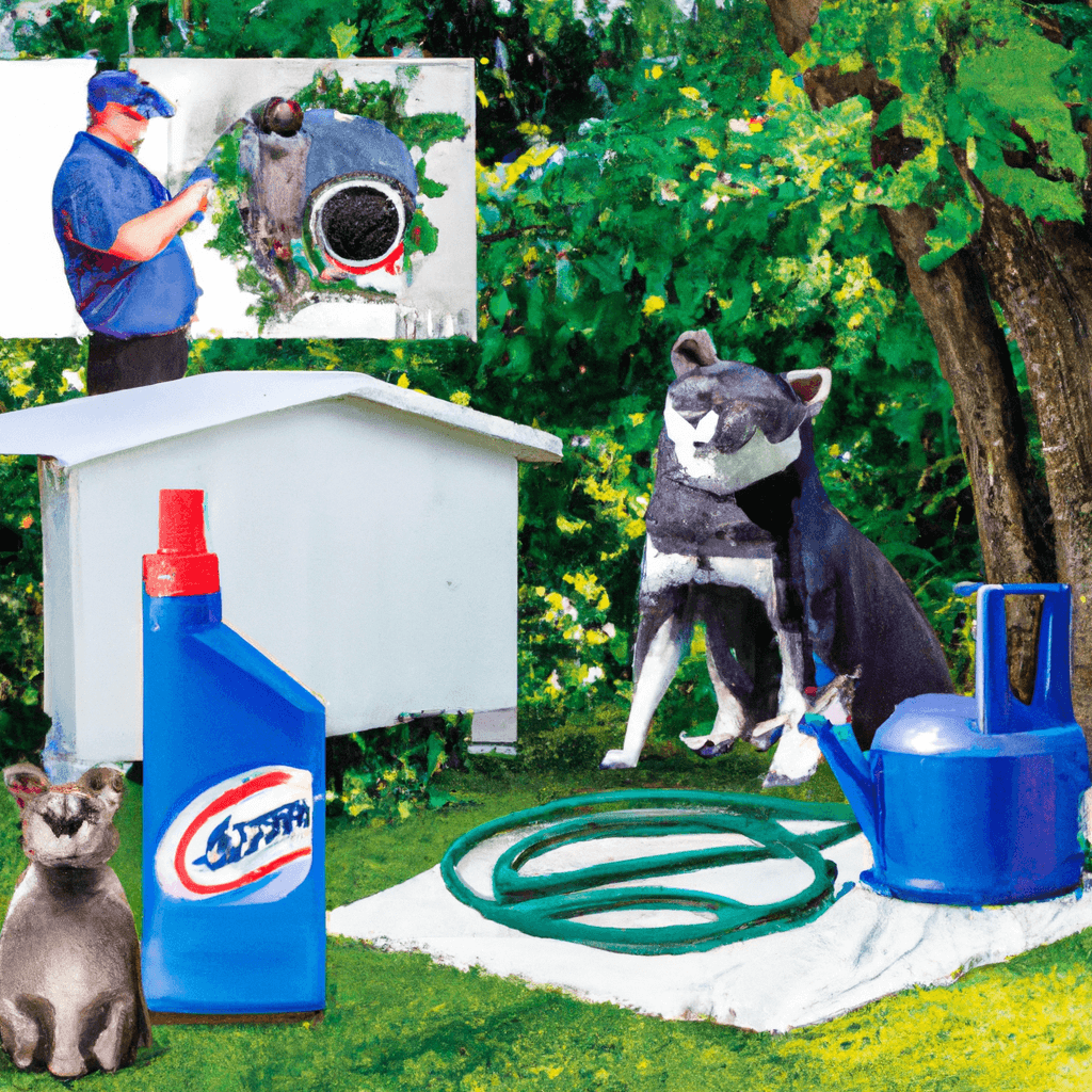 An image capturing a serene backyard scene with a skunk lurking nearby, while a person clad in protective gear sprays a DIY solution on a pet