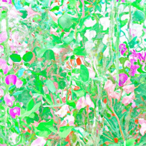 An image showcasing a vibrant garden bed, bursting with delicate, pastel-hued sweet pea flowers