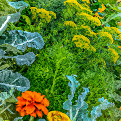 An image showcasing a thriving garden bed with vibrant broccoli plants intermingled with marigolds, borage, and dill
