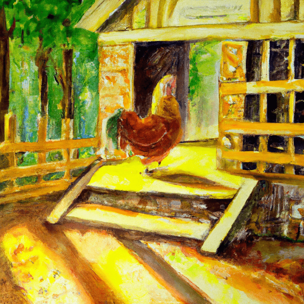 An image depicting a serene henhouse bathed in warm sunlight, with a solitary rooster perched on a fence