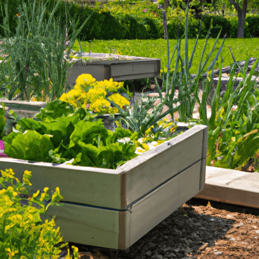 An image showcasing a lush and thriving garden filled with vibrant vegetables and flowers, all neatly arranged in sturdy and attractive raised beds made from weather-resistant wood or recycled plastic