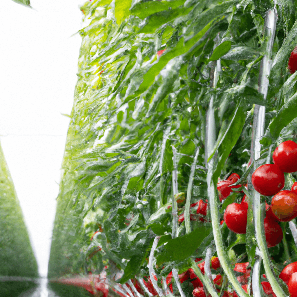 An image showcasing a sun-drenched hothouse filled with rows of vibrant tomato plants, their luscious red fruits hanging in abundance