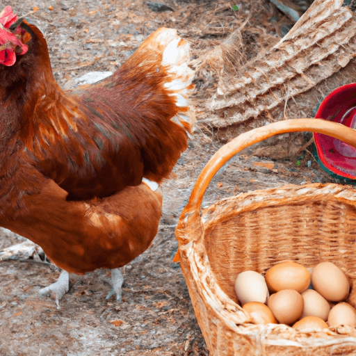 An image showcasing a vibrant Rhode Island Red hen, proudly displaying its glossy mahogany feathers and bright red comb, standing next to a basket overflowing with an abundance of large, brown eggs