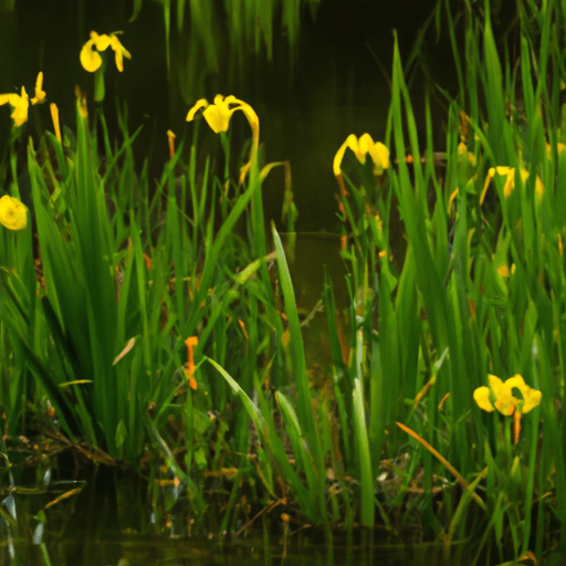 An image featuring a serene wetland scene, with vibrant yellow flag irises in full bloom